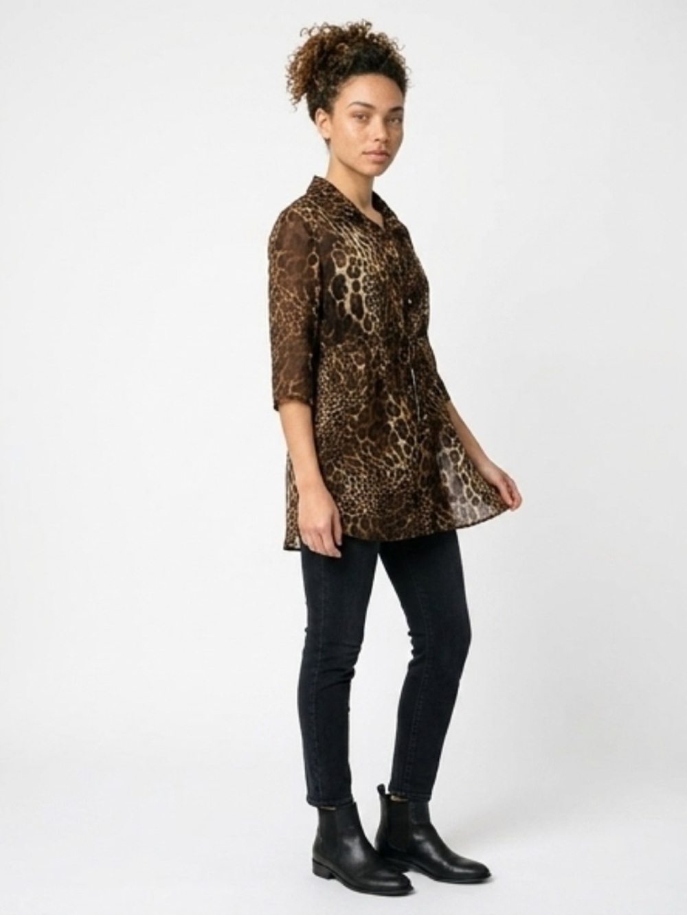 DOTS ANIMAL PRINT SHEER TUNIC BLOUSE, LARGE